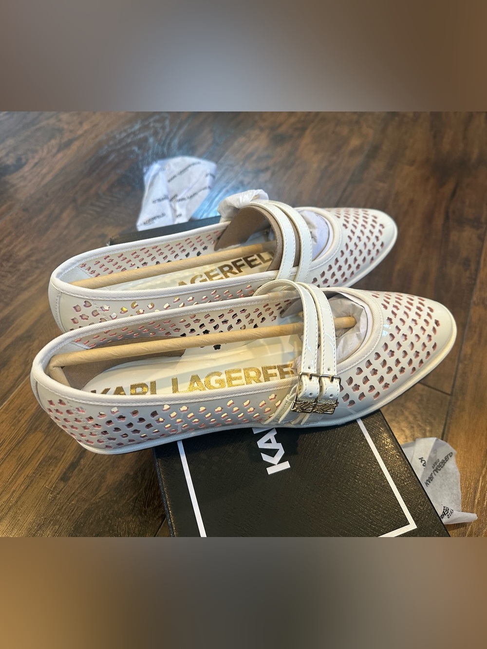 Karl Lagerfeld White Perforated Mary Jane Flats with Pink Lining
